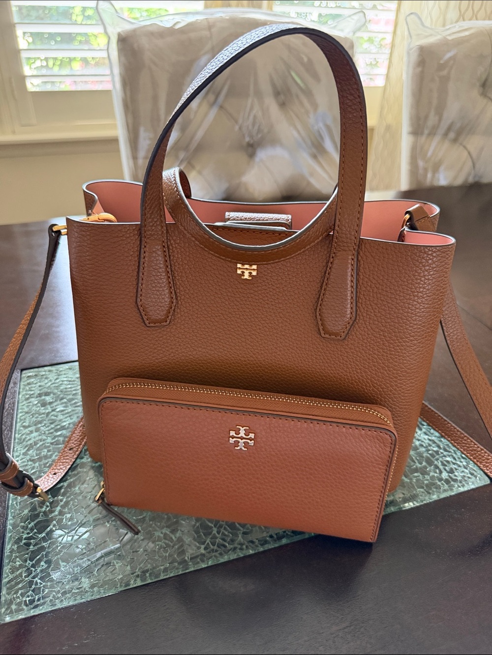 Tory Burch Two-Tone Brown Leather Tote with Front Zip and wallet too